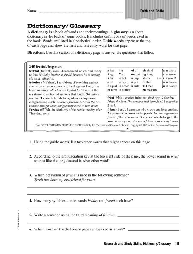 Research And Study Skills Dictionaryglossary Worksheet