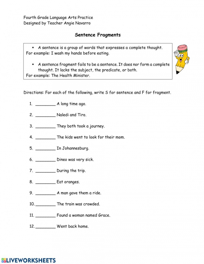 Sentences And Fragments Worksheets