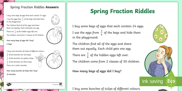 Spring Fraction Riddles Worksheet Teacher Made