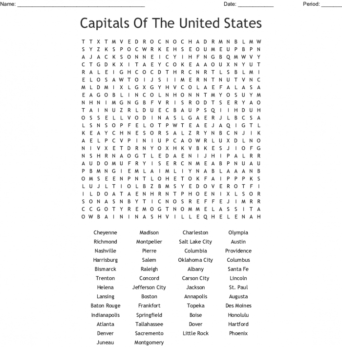 States And Capitals Word Search Worksheets 99Worksheets