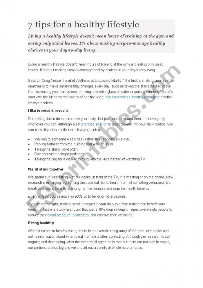 Tips For A Healthy Life Reading Comprehension Exercise
