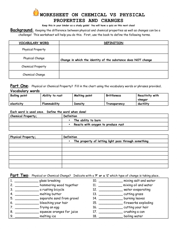 Worksheet On Chemical Vs Physical Properties And Changes