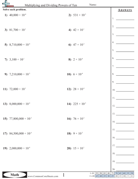 Multiplying Whole Numbers By Powers Of 10 Worksheets