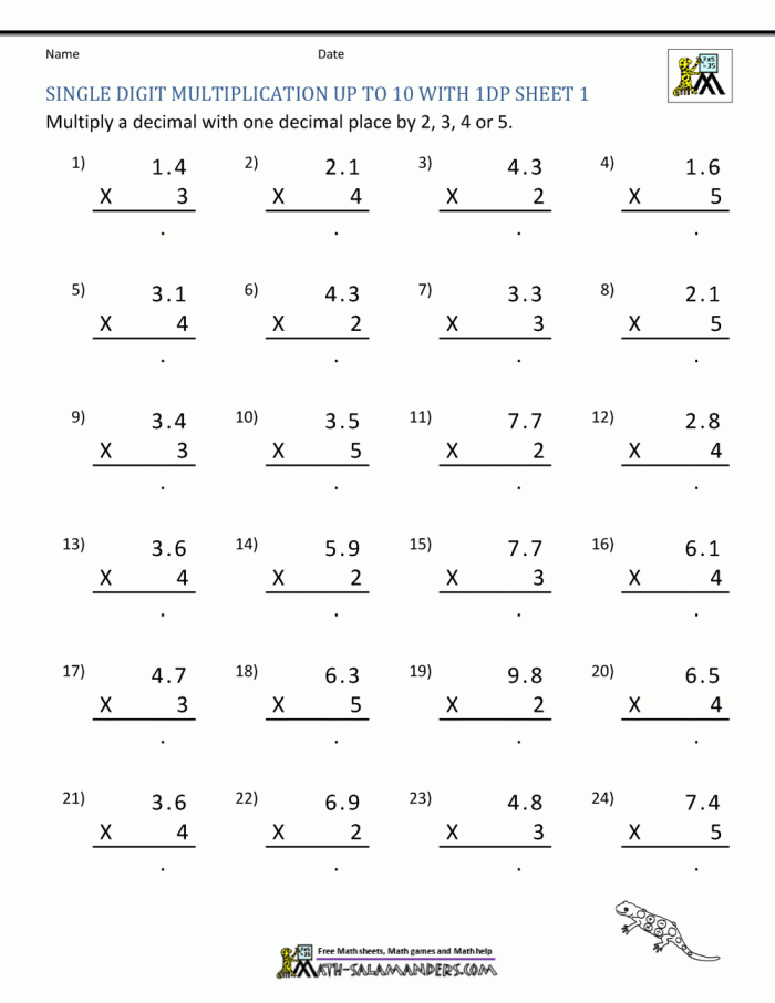 6th Grade Multiplying Decimals Worksheets