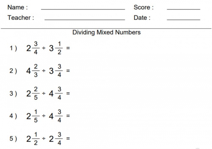 Dividing Mixed Numbers Worksheet
