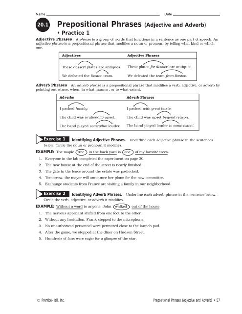Grammar Exercise Workbook Ch   Prepositional Phrases