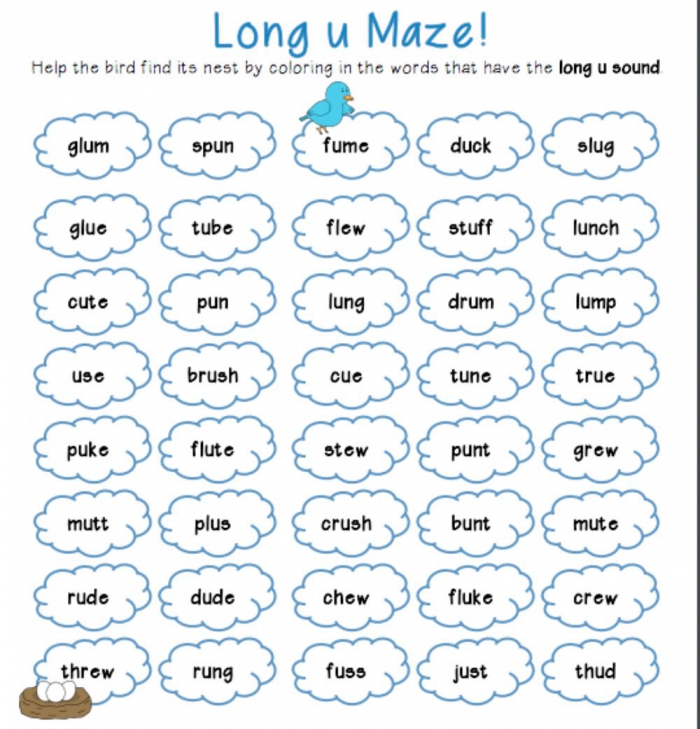 Long Vowel U Maze Worksheet