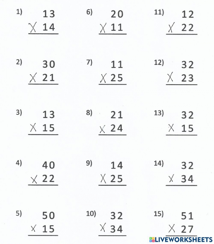 Multiplying  Digits By  Digits Without Regrouping Worksheet