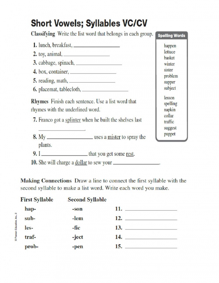 Short Vowels Vccv Worksheet