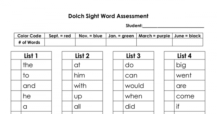 Sight Word Assessment Worksheets