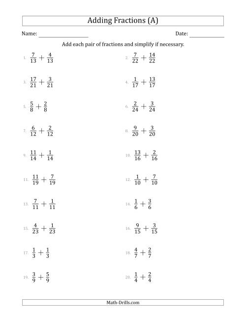 Adding Fractions With Like Denominators Simple Fraction Sums A