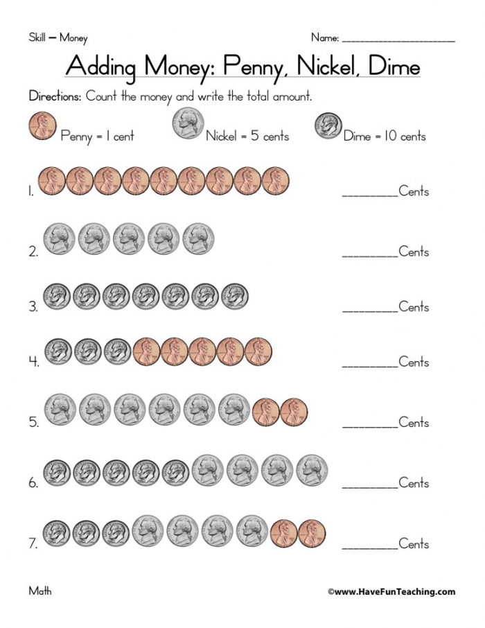 Adding Penny Nickel Dime Coins Worksheet Have Fun Teaching