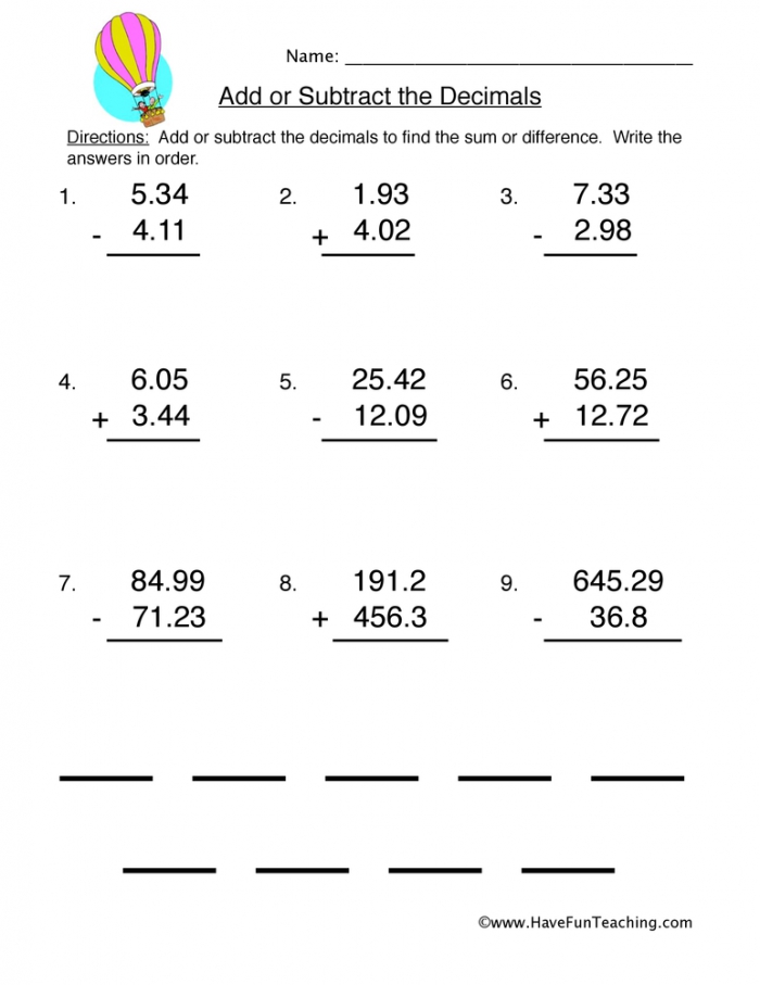 Adding And Subtracting Decimals Worksheets Free Printable