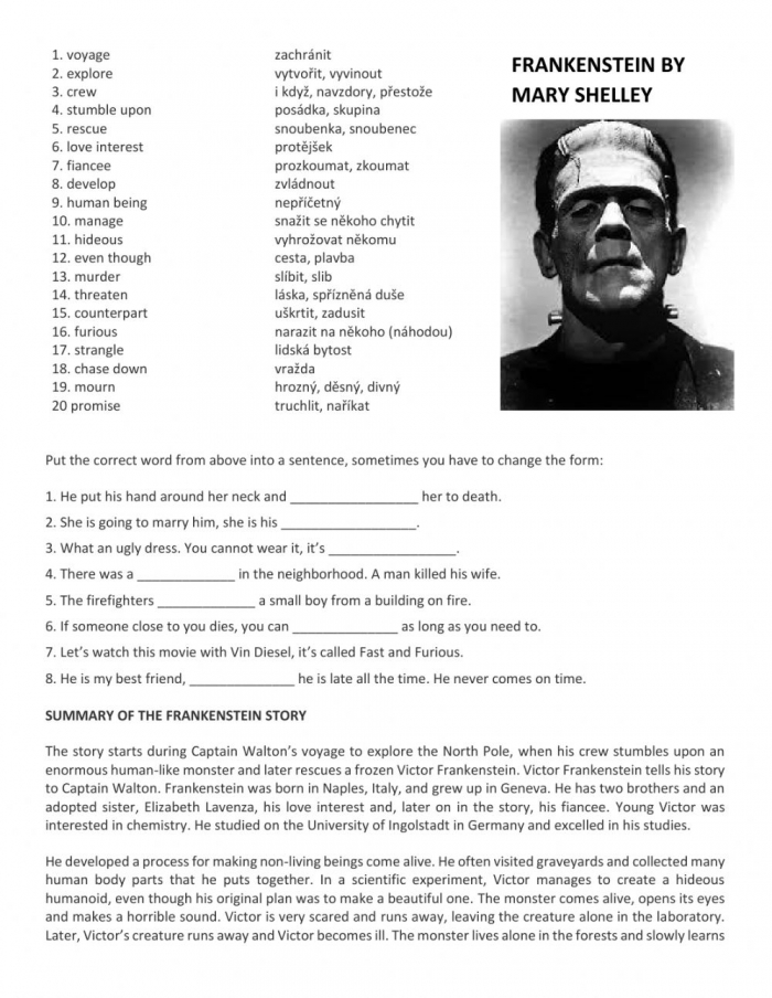 Frankenstein By Mary Shelley Worksheet