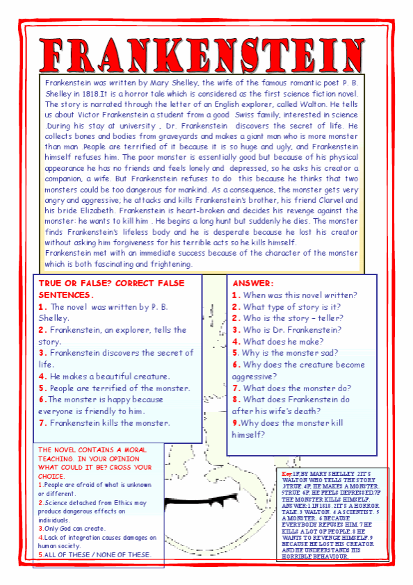 Frankenstein Exercises Free Printable Frankenstein Esl Worksheets