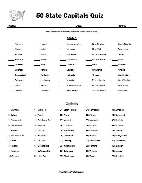 Free Printable State Capitals Quiz Free Printable State