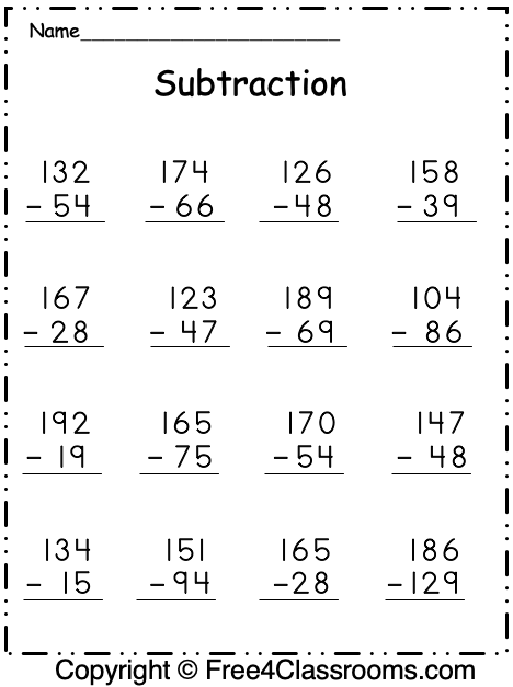 Free Subtraction Worksheets