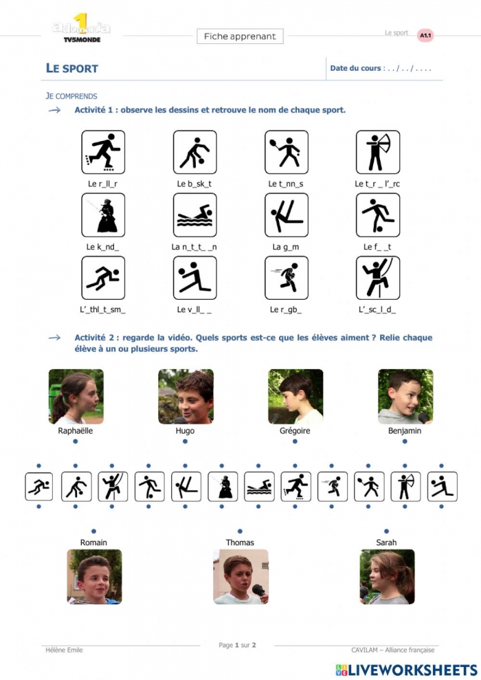 Les Sports Au Collge Worksheet