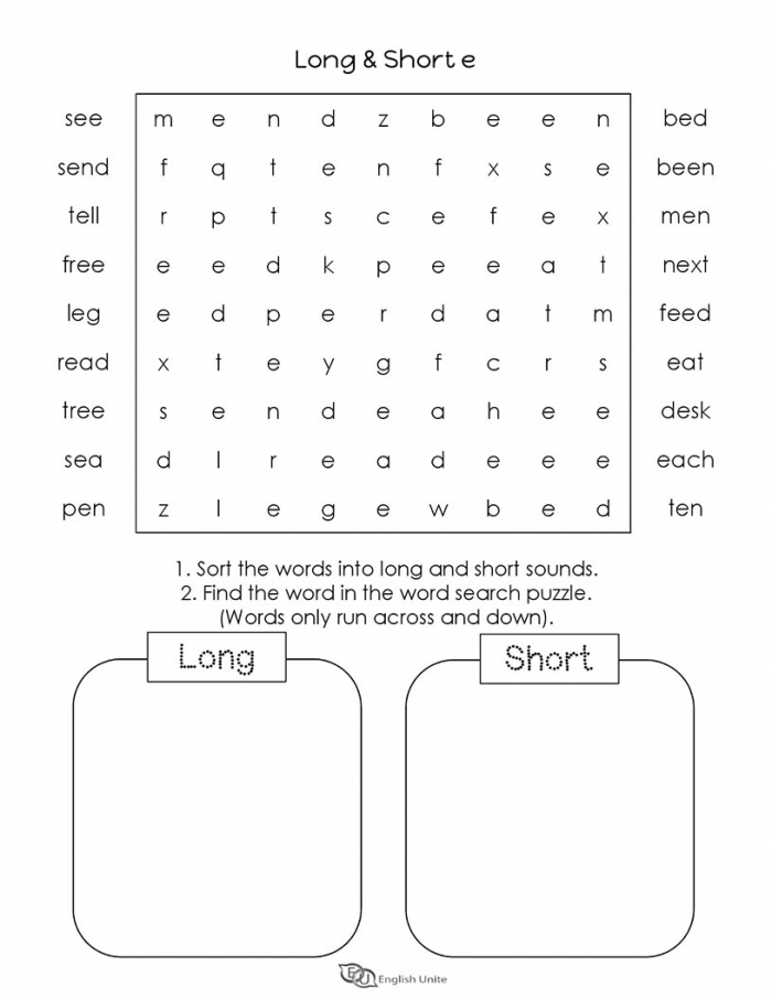 Long And Short Vowels E Word Search Puzzle