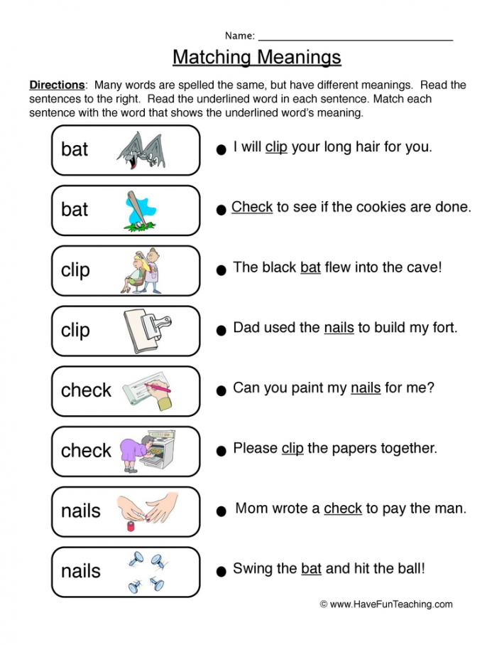 Multiple Meaning Words Matching Worksheets 99Worksheets