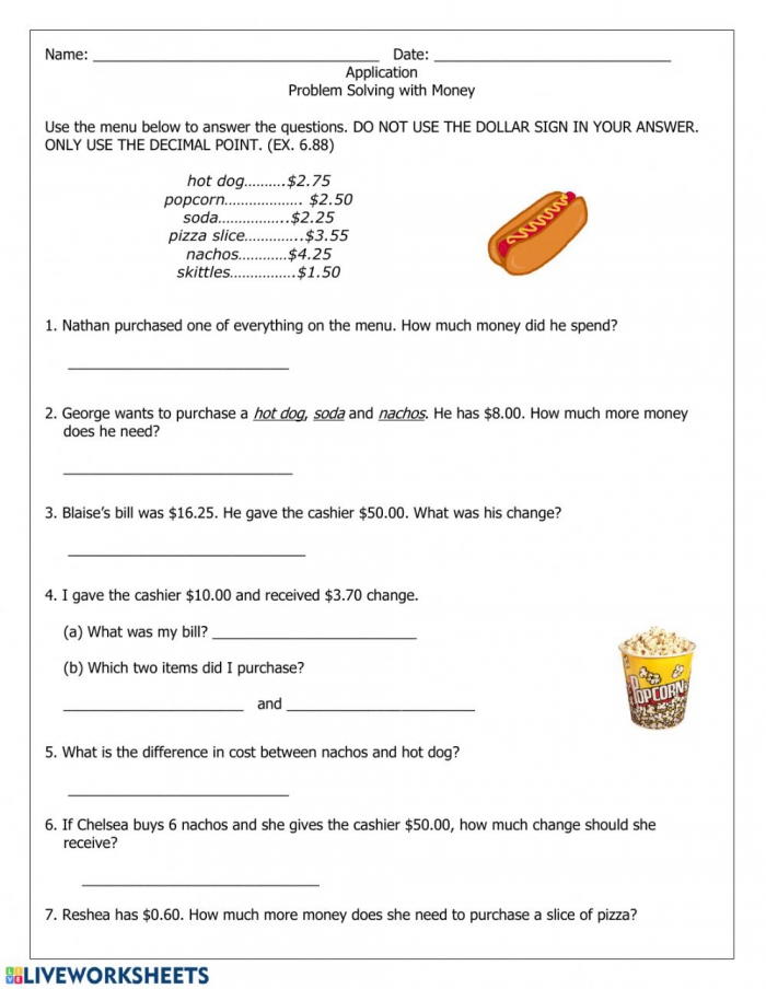 Free Printable Money Word Problems Worksheets