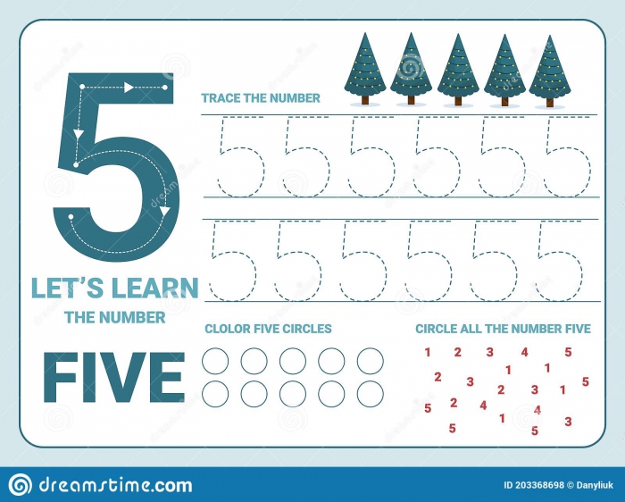 Number Five Tracing Practice Worksheet Training Write And Count