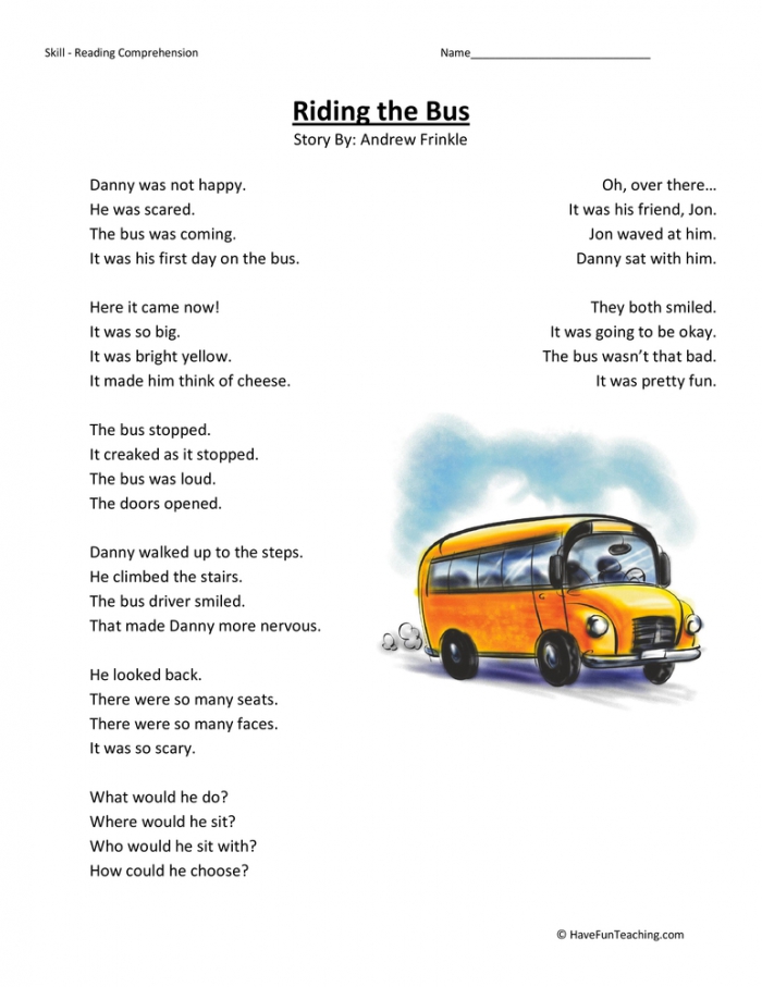Riding The Bus Reading Comprehension Worksheet Have Fun Teaching