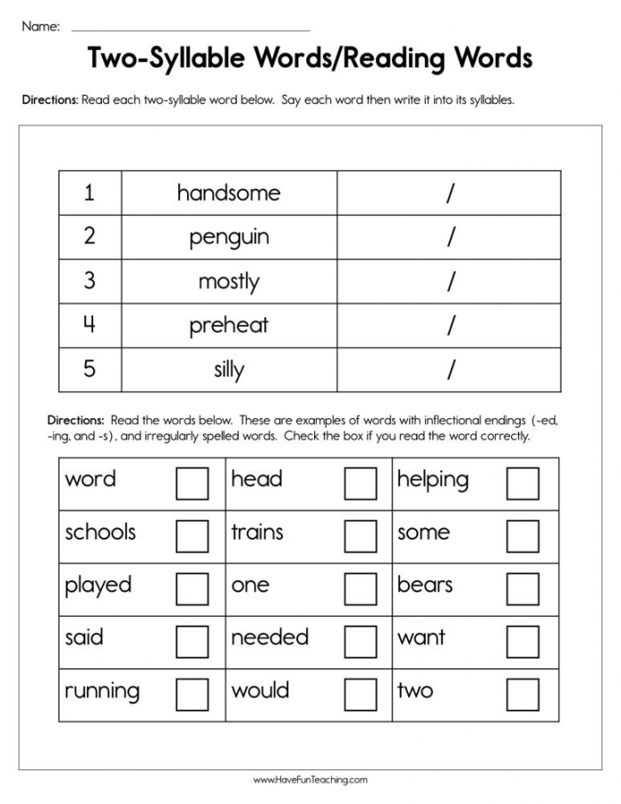 Two Syllable Words Reading Words Worksheet Have Fun Teaching