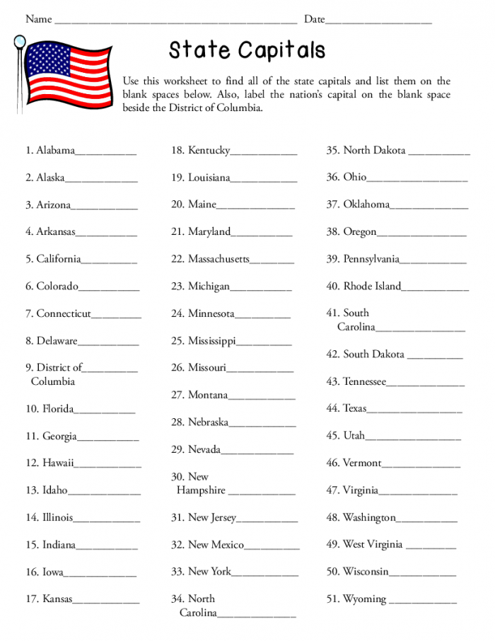 States And Capitals Quiz Printable Worksheets Free